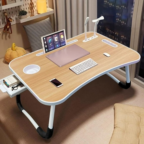 A laptop bed desk, which is portable and foldable, comes with slots, a cup holder, a drawer, a small fan, a USB data cable and a USB small light.