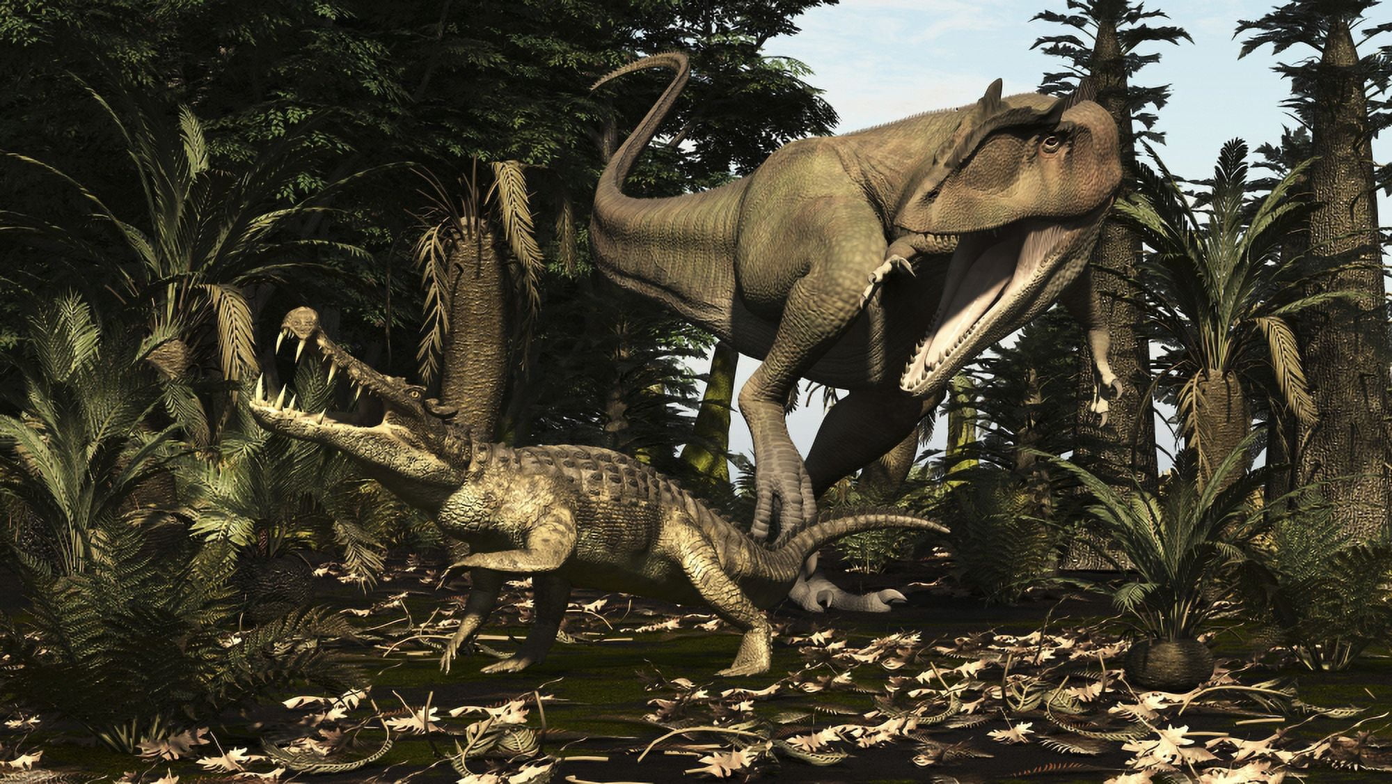 A large Carcharodontosaurus attacks a Kaprosuchus Canvas Art - Arthur DoretyStocktrek Images (37 x 21)