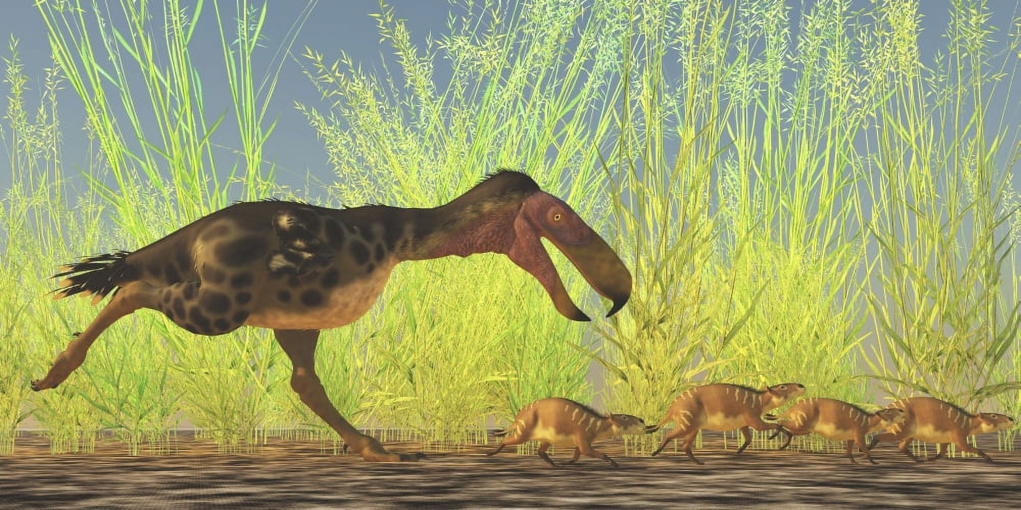 A large Kalenken flightless terror bird hunting smaller Eurohippus Canvas Art - Corey FordStocktrek Images (20 x 10)
