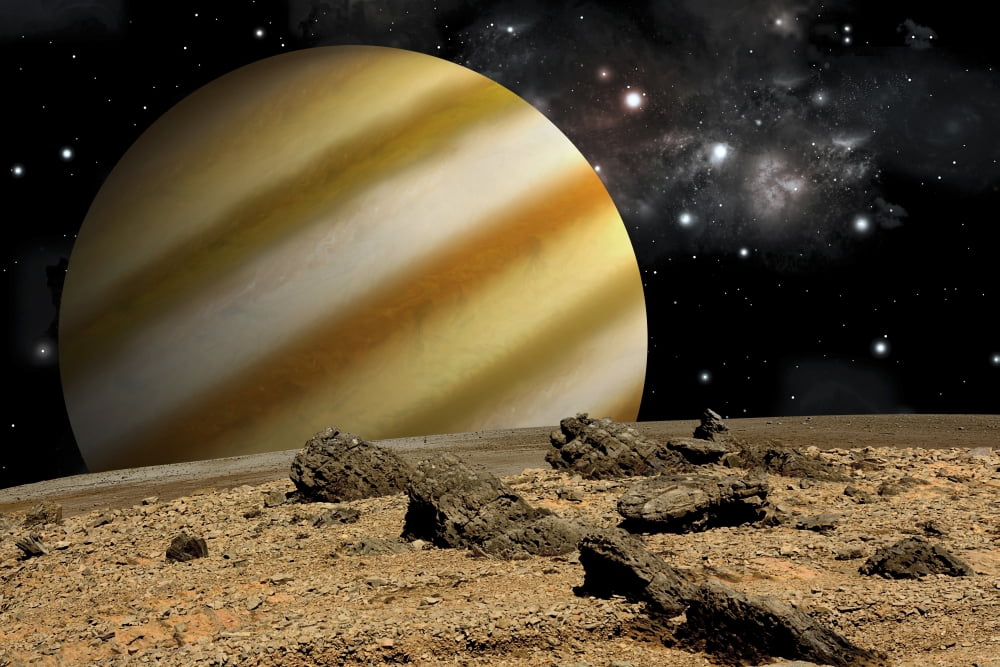 A large cloud covered planet rises over a rocky and barren alien world Canvas Art - Marc WardStocktrek Images (18 x 12)