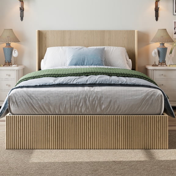A large raised and undulating storage bed frame with grooves. The wooden platform bed fr