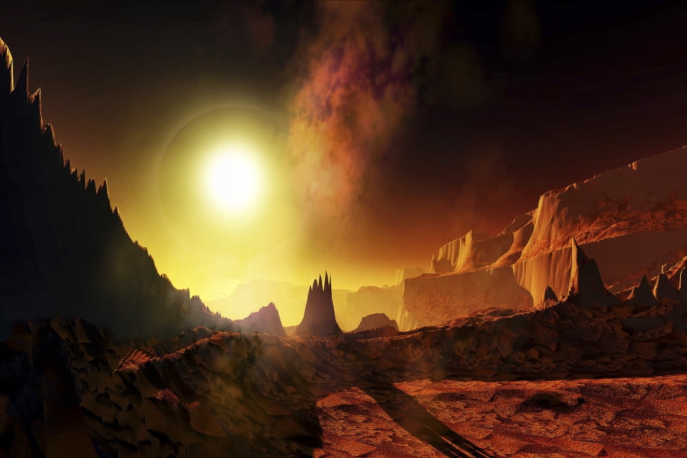 A large sun heats this alien planet which bakes in its glow Canvas Art - Corey FordStocktrek Images (35 x 23)