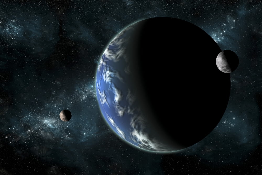 A large water covered planet with two moons alone in deep space Canvas Art - Marc WardStocktrek Images (18 x 12)