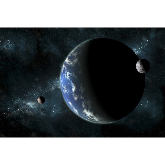 A large water covered planet with two moons alone in deep space Canvas Art - Marc WardStocktrek Images (35 x 23)