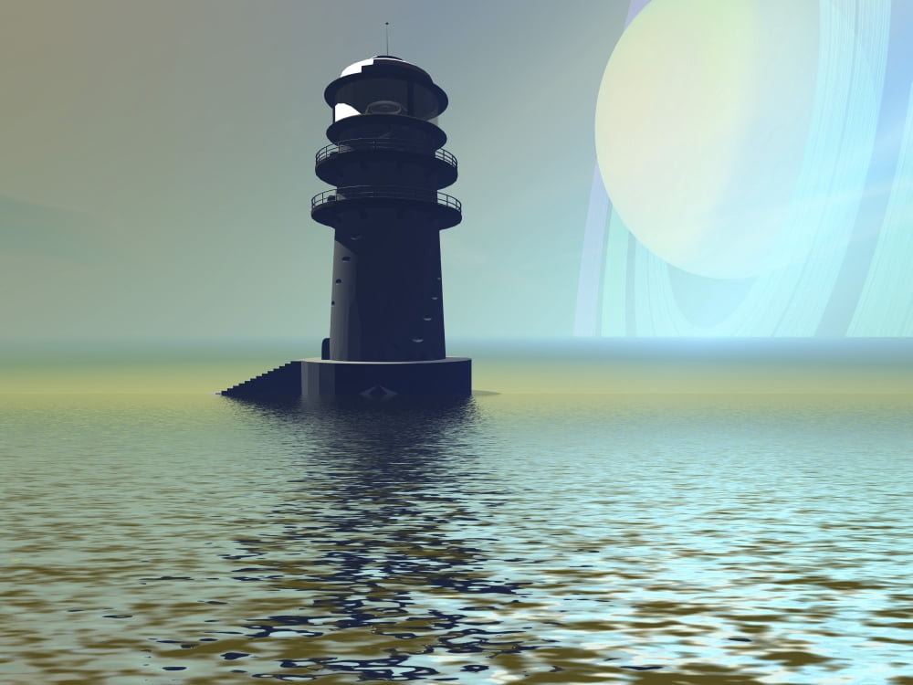 A lighthouse beacon on an alien planet Canvas Art - Corey FordStocktrek Images (33 x 25)