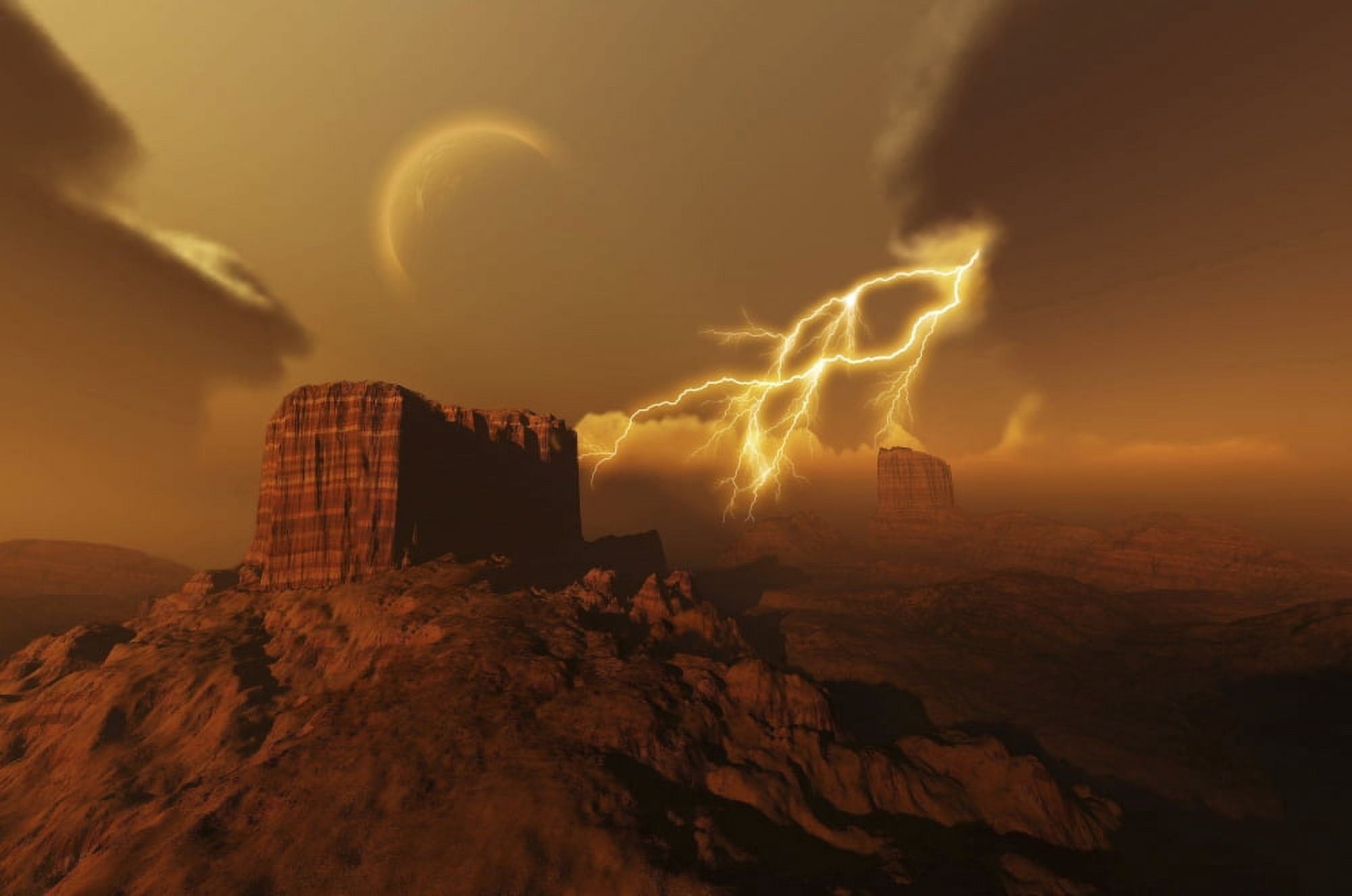 A lightning storm over a desert lights up the sky Canvas Art - Corey FordStocktrek Images (34 x 23)