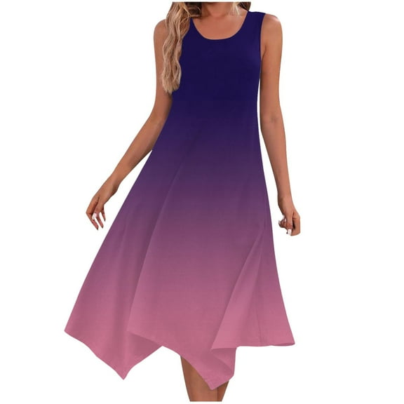 A-line Dress for Spring Summer 2025 Womens Casual Holiday Resort Beach Outfits Crew Neck Gradient Sundress Ruffle Hem