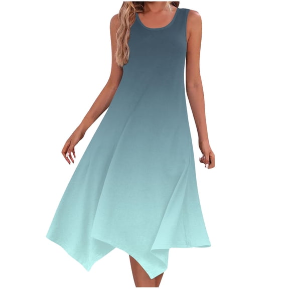 A-line Dress for Spring Summer 2025 Womens Casual Holiday Resort Beach Outfits Crew Neck Gradient Sundress Ruffle Hem