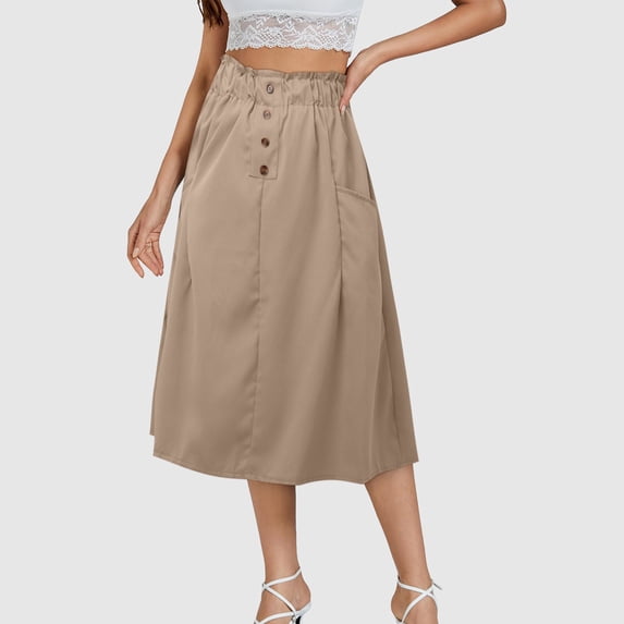 A line Skirts Women Button Spring Summer Age Reduction Solid Color Version Elastic Waist Mid Length Casual Womens Skirt Khaki One Size