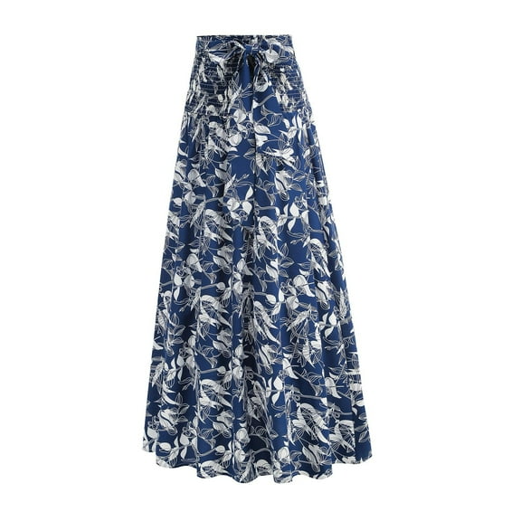 A-line Skirts for Women Two-In-One Elastic Waist Maxi Skirts Printed Solid Color Loose Ankle Skirt