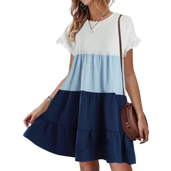 A-line Women Ruffles Boho Striped Printed Babydoll Loose Swing Casual Short Mini Dress
