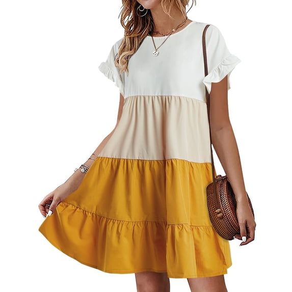 A-line Womens Ruffles Boho Striped Printed Babydoll Loose Swing Casual Short Mini Dress