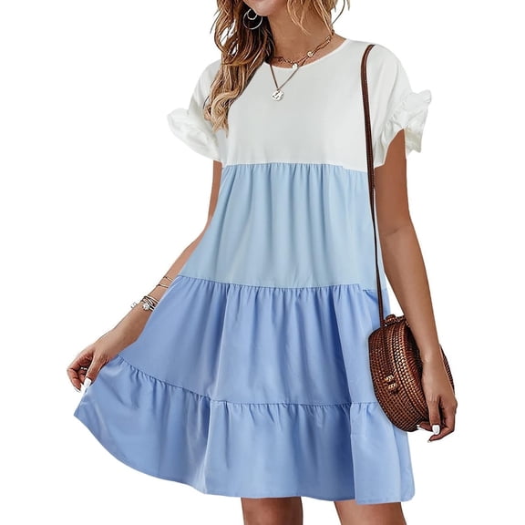 A-line Womens Ruffles Boho Striped Printed Babydoll Loose Swing Casual Short Mini Dress