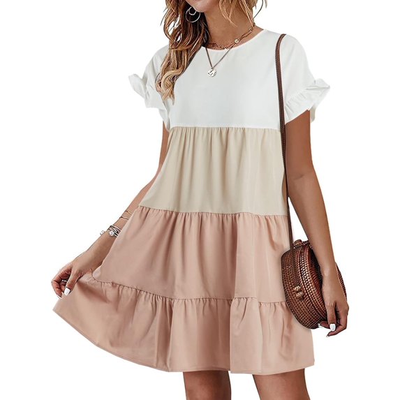 A-line Womens Ruffles Boho Striped Printed Babydoll Loose Swing Casual Short Mini Dress