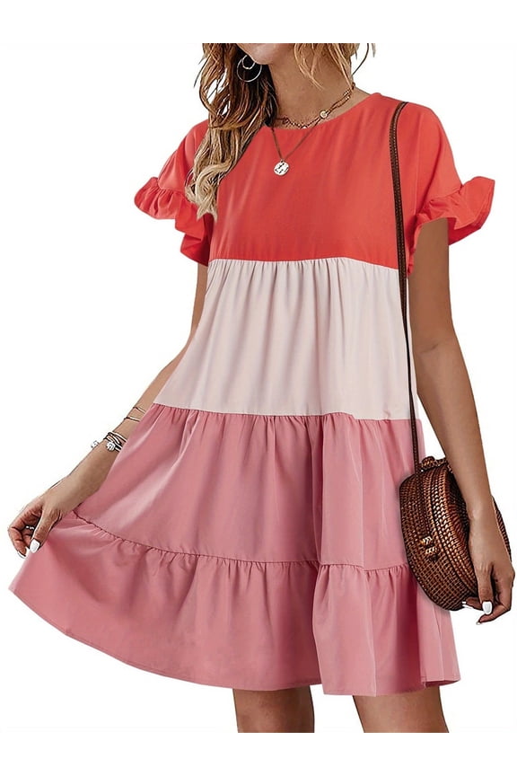 A-line Women Ruffles Boho Striped Printed Babydoll Loose Swing Casual Short Mini Dress