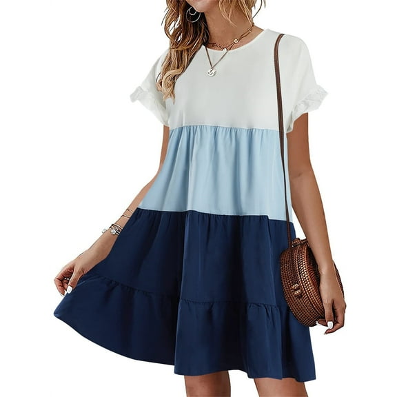 A-line Womens Ruffles Boho Striped Printed Babydoll Loose Swing Casual Short Mini Dress