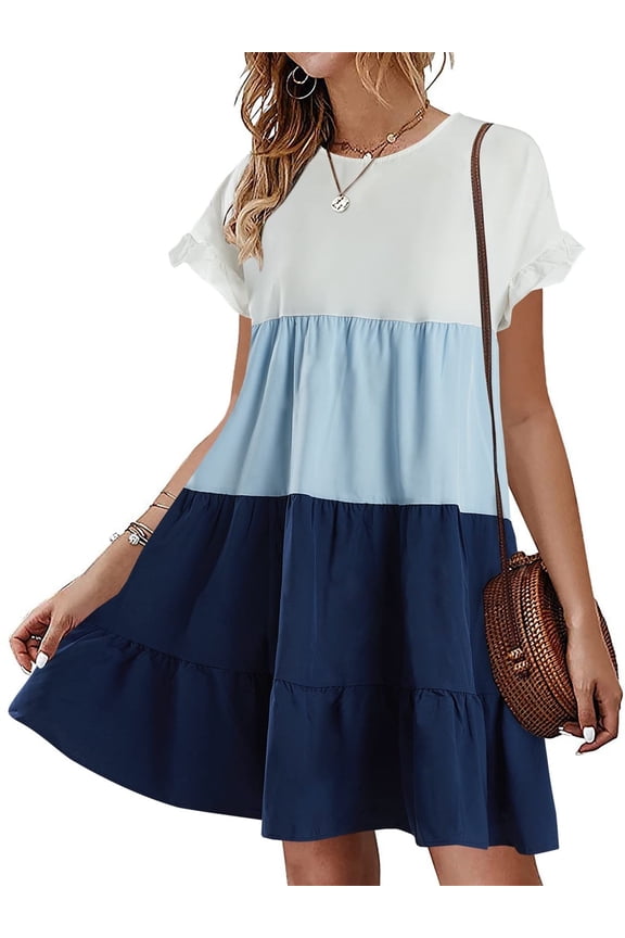 A-line Womens Ruffles Boho Striped Printed Babydoll Loose Swing Casual Short Mini Dress