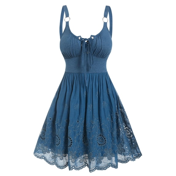 A-line hole mini flower embroidered sleeveless lace-up dress parachute summer casual women's robe-Blue-XXXL