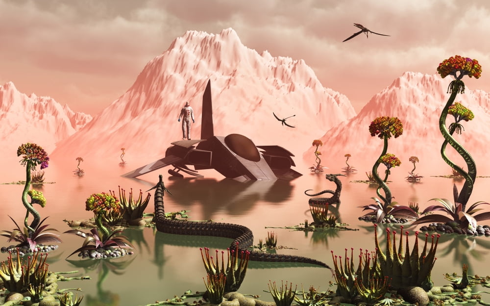 A lone Star Fighter pilot looks around the alien landscape after a crash landing Canvas Art - Mark StevensonStocktrek Images (18 x 11)