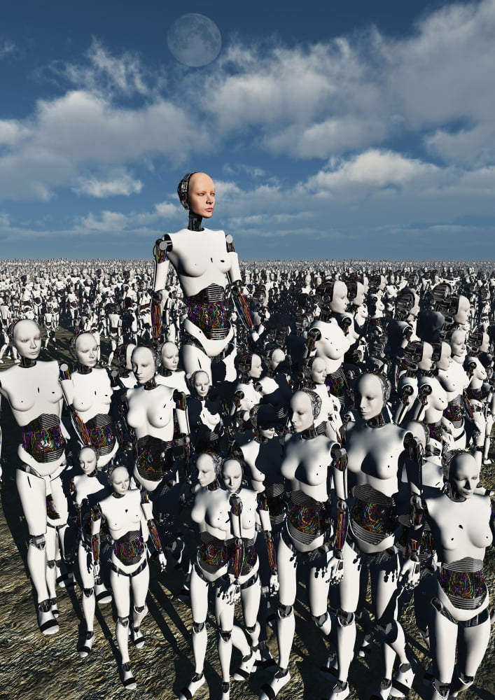 A lone android with a human flesh colored face amongst a crowd of robots Canvas Art - Mark StevensonStocktrek Images (12 x 17)