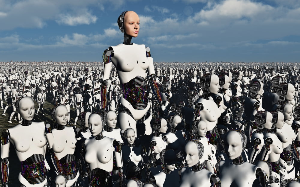 A lone android with a human flesh colored face amongst a crowd of robots Canvas Art - Mark StevensonStocktrek Images (18 x 12)