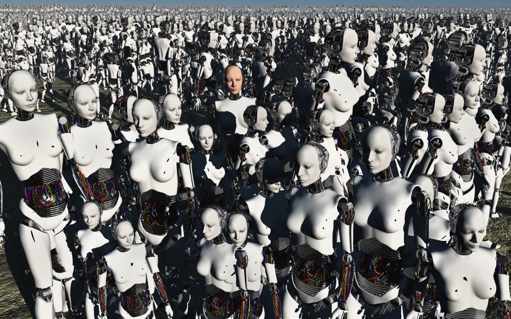 A lone android with a human flesh colored face amongst a crowd of robots Canvas Art - Mark StevensonStocktrek Images (36 x 23)