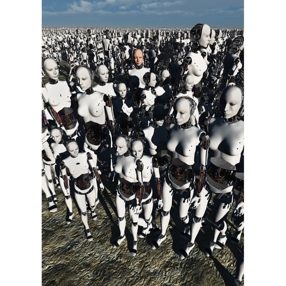 A lone android with a human flesh colored face amongst a crowd of robots Poster Print