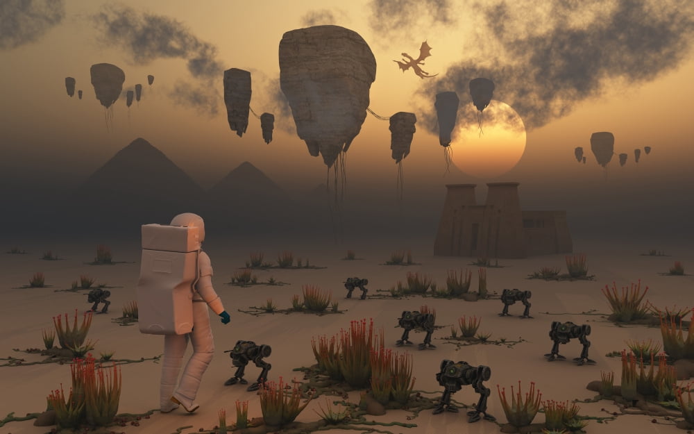A lone astronaut confronts a surreal scene out of ancient Egypt Canvas Art - Mark StevensonStocktrek Images (36 x 23)