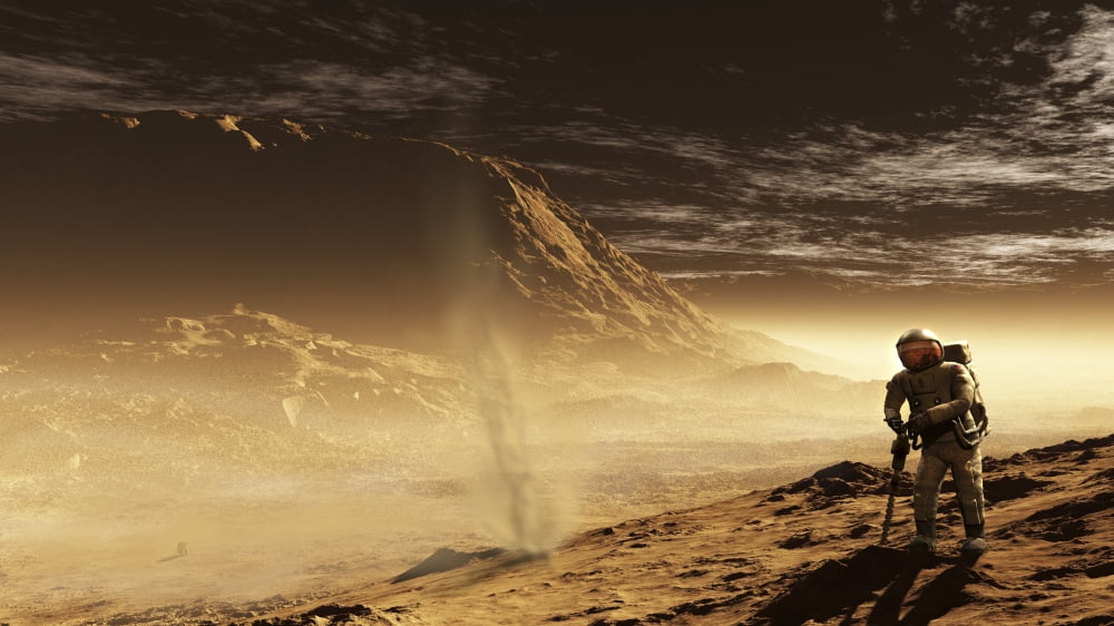 A lone astronaut drills into the regolith of Gale Crater Canvas Art - Steven HobbsStocktrek Images (19 x 11)