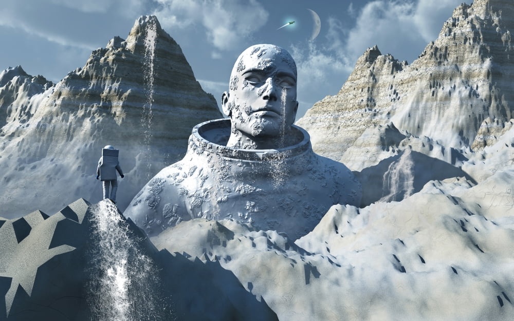 A lone astronaut stares at a statue of a mysterious humanoid being Canvas Art - Mark StevensonStocktrek Images (18 x 12)
