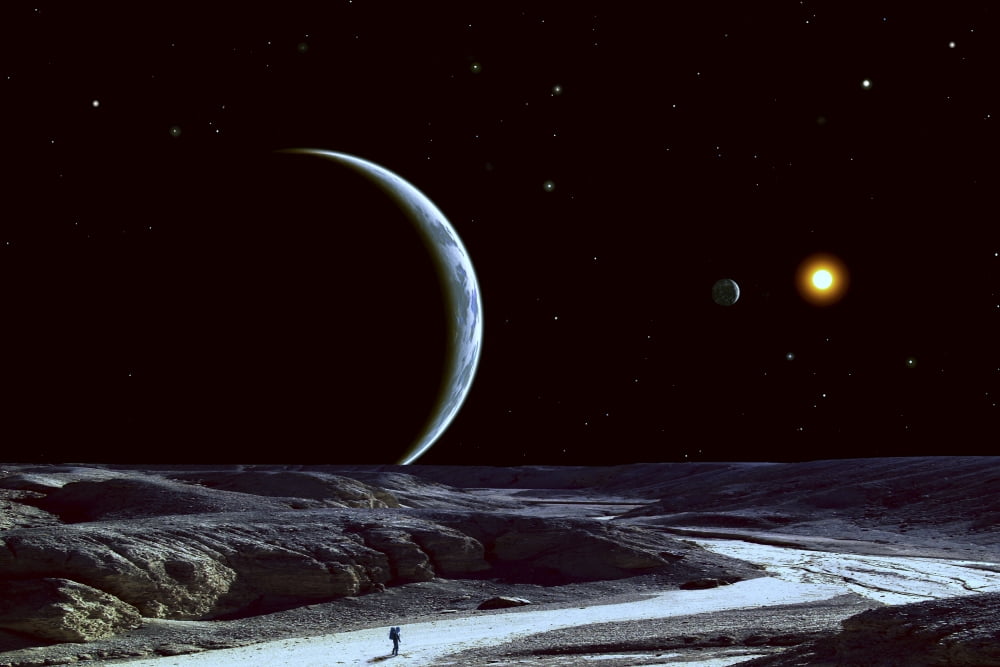 A lone explorer follows an ancient riverbed while his planet floats in the black star-filled sky Canvas Art - Frank HettickStocktrek Images (18 x 12)