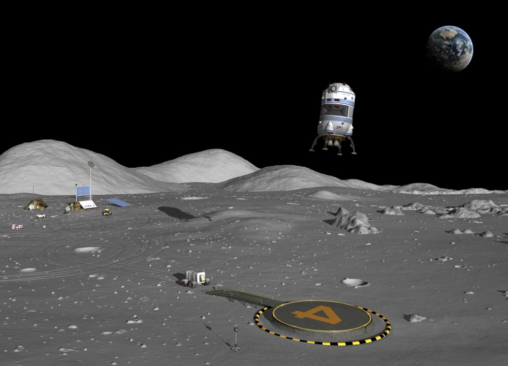 A lunar shuttle descends toward a manned outpost on the Moon Canvas Art - Walter MyersStocktrek Images (17 x 12)