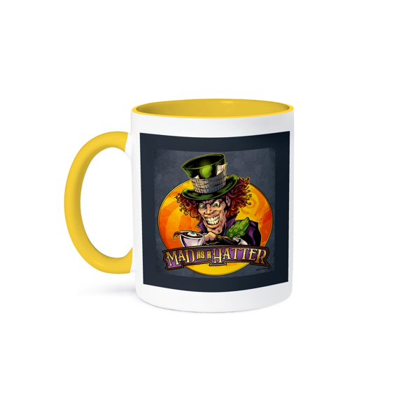 3dRose, A mad hatter drinking tea with an eyeball in it, 15oz Two-Tone Yellow Mug
