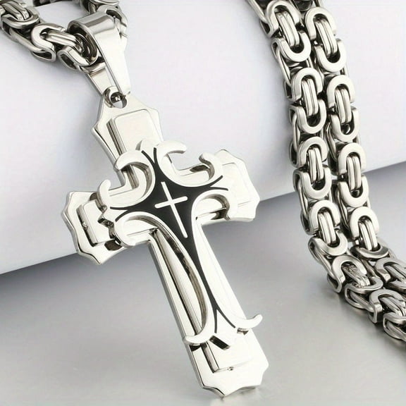 A man's  handmade flat -bottom necklace, golden black stainless steel cross pendant necklace, Father's Day gift jewelry