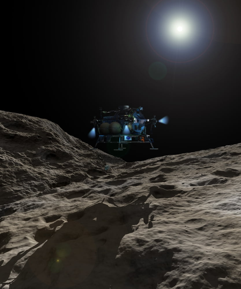 A manned Asteroid Lander approaches the desolate surface of an asteroid Canvas Art - Walter MyersStocktrek Images (26 x 32)