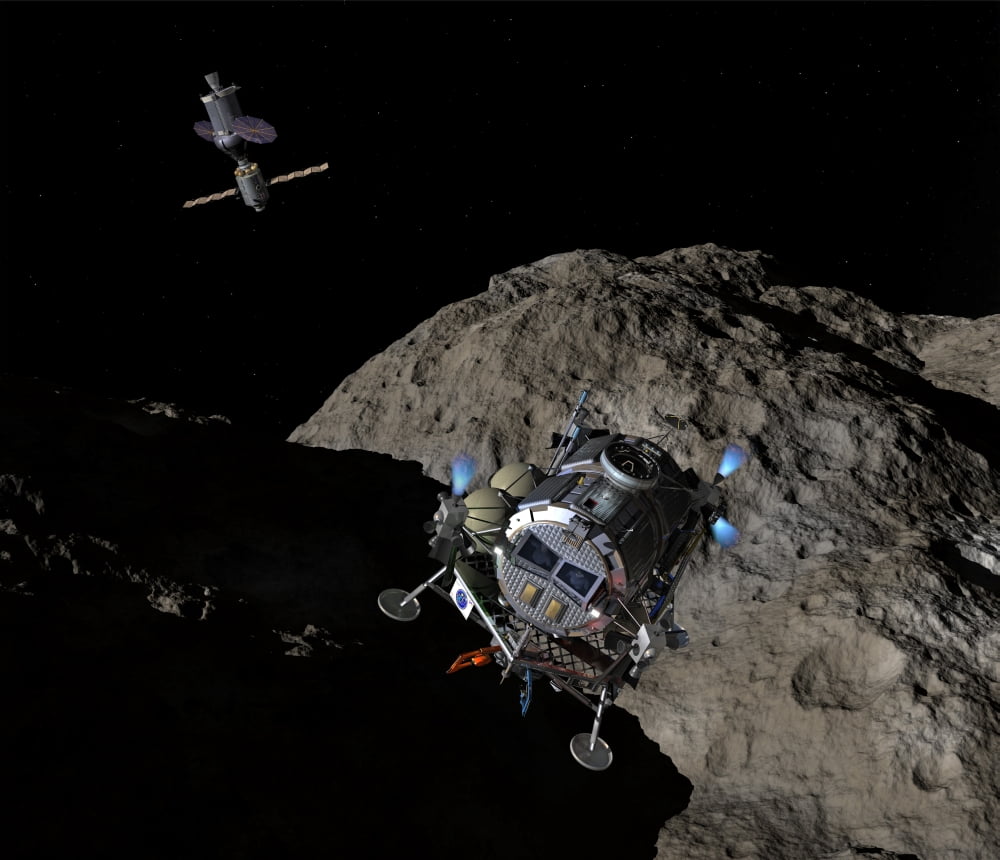 A manned Asteroid Lander descends toward the surface of an ancient asteroid Canvas Art - Walter MyersStocktrek Images (16 x 14)