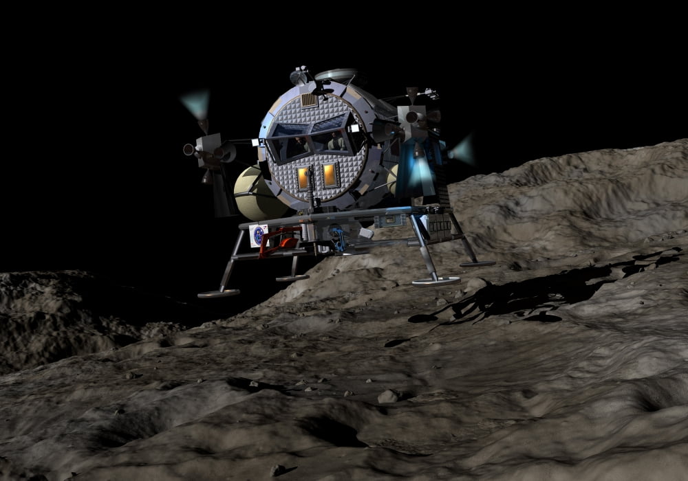 A manned Asteroid Lander prepares to land on the surface of an asteroid Canvas Art - Walter MyersStocktrek Images (34 x 24)
