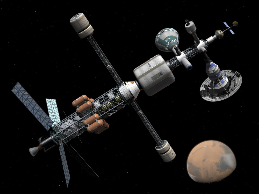 A manned Mars cycler space station approaches the planet Mars Canvas Art - Walter MyersStocktrek Images (32 x 24)