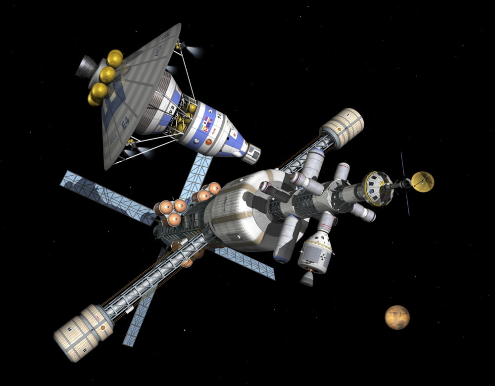 A manned Mars landerreturn vehicle disembarks from a Mars cycler Canvas Art - Walter MyersStocktrek Images (32 x 25)
