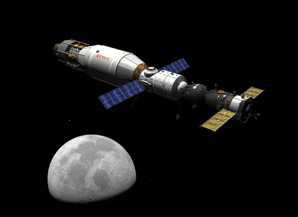 A manned Soyuz TMA-M spacecraft docked with an extended stay module Canvas Art - Walter MyersStocktrek Images (17 x 13)