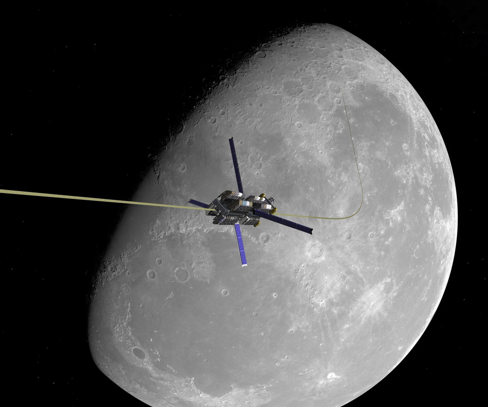 A manned lunar space elevator ascends from the surface of the moon Canvas Art - Walter MyersStocktrek Images (31 x 26)