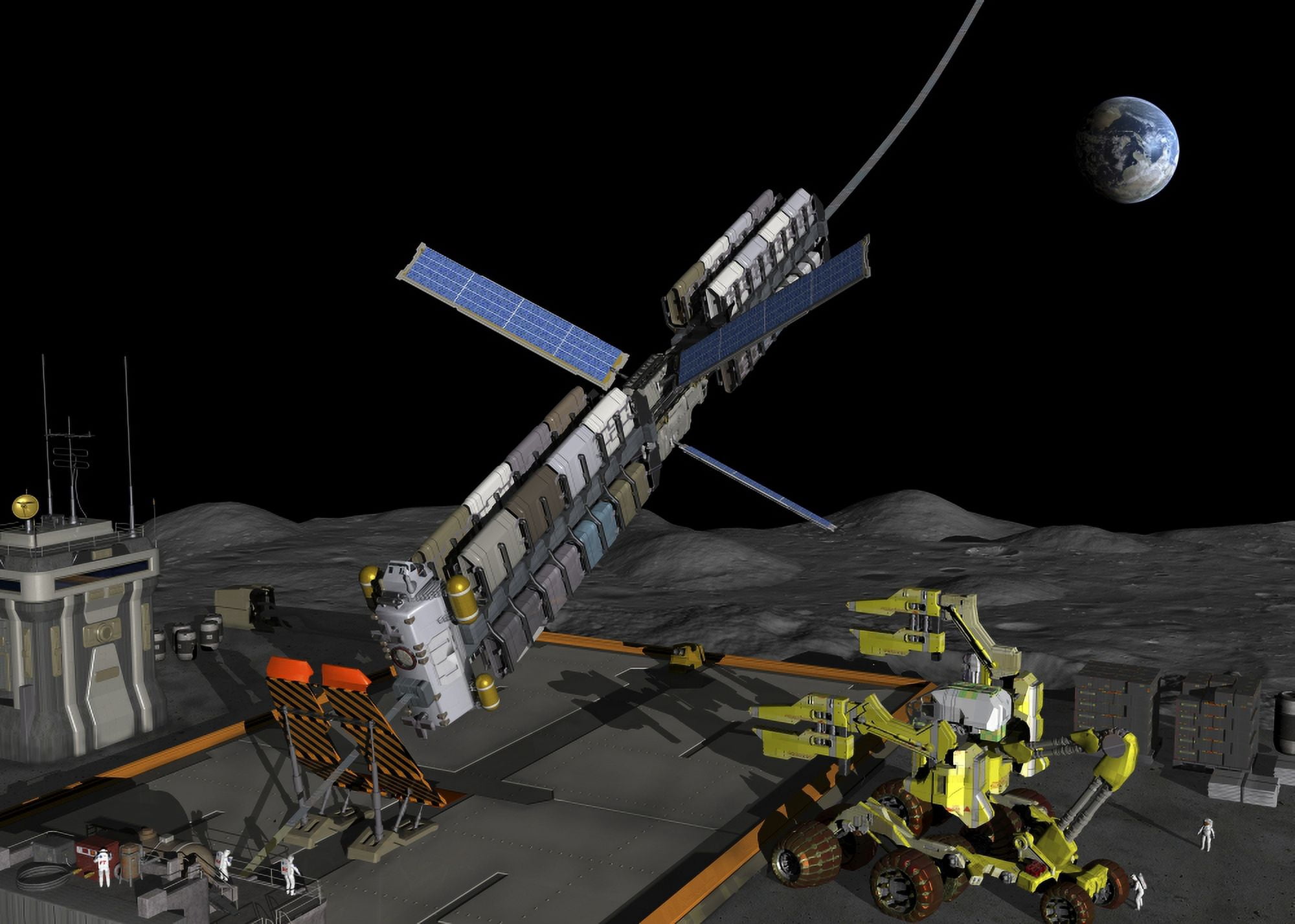 A manned lunar space elevator prepares to depart from its manned lunar base Canvas Art - Walter MyersStocktrek Images (34 x 24)