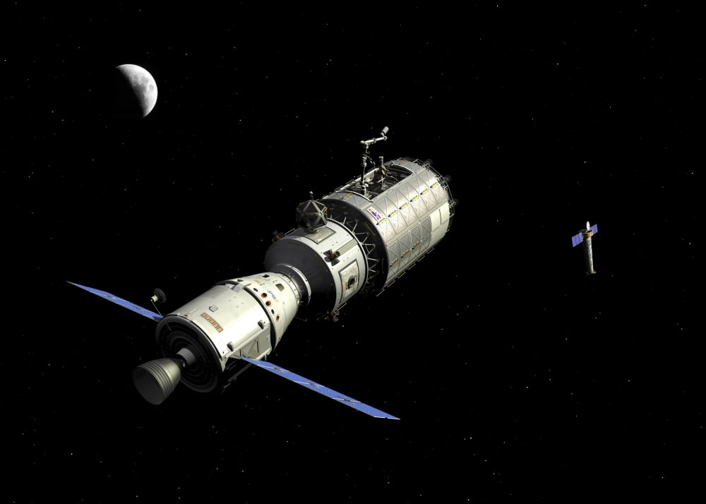 A manned orbital maintenance platform approaches the Chandra X-ray Observatory Canvas Art - Walter MyersStocktrek Images (17 x 12)