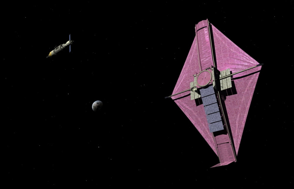 A manned orbital maintenance platform approaches the James Webb Space Telescope Canvas Art - Walter MyersStocktrek Images (36 x 23)