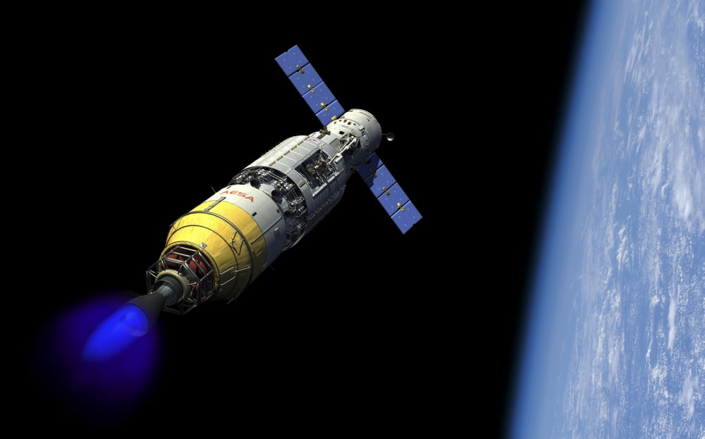 A manned orbital maintenance platform docked with a manned reusable crew capsule Canvas Art - Walter MyersStocktrek Images (36 x 23)