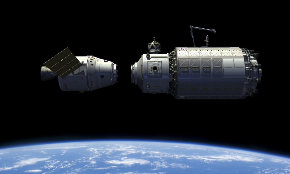A manned reusable crew capsule docks with an orbital maintenance platform Canvas Art - Walter MyersStocktrek Images (37 x 22)