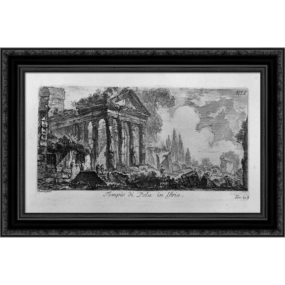 A marble plaque with the inscription: Roman Antiquities outside of Rome 24x17 Black Ornate Wood Framed Canvas Art by Piranesi, Giovanni Battista