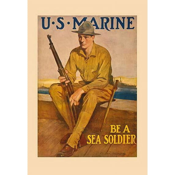 A marine takes a minute to relax sitting atop a harbor wall. Poster Print by Clarence F. Underwood (24 x 36)