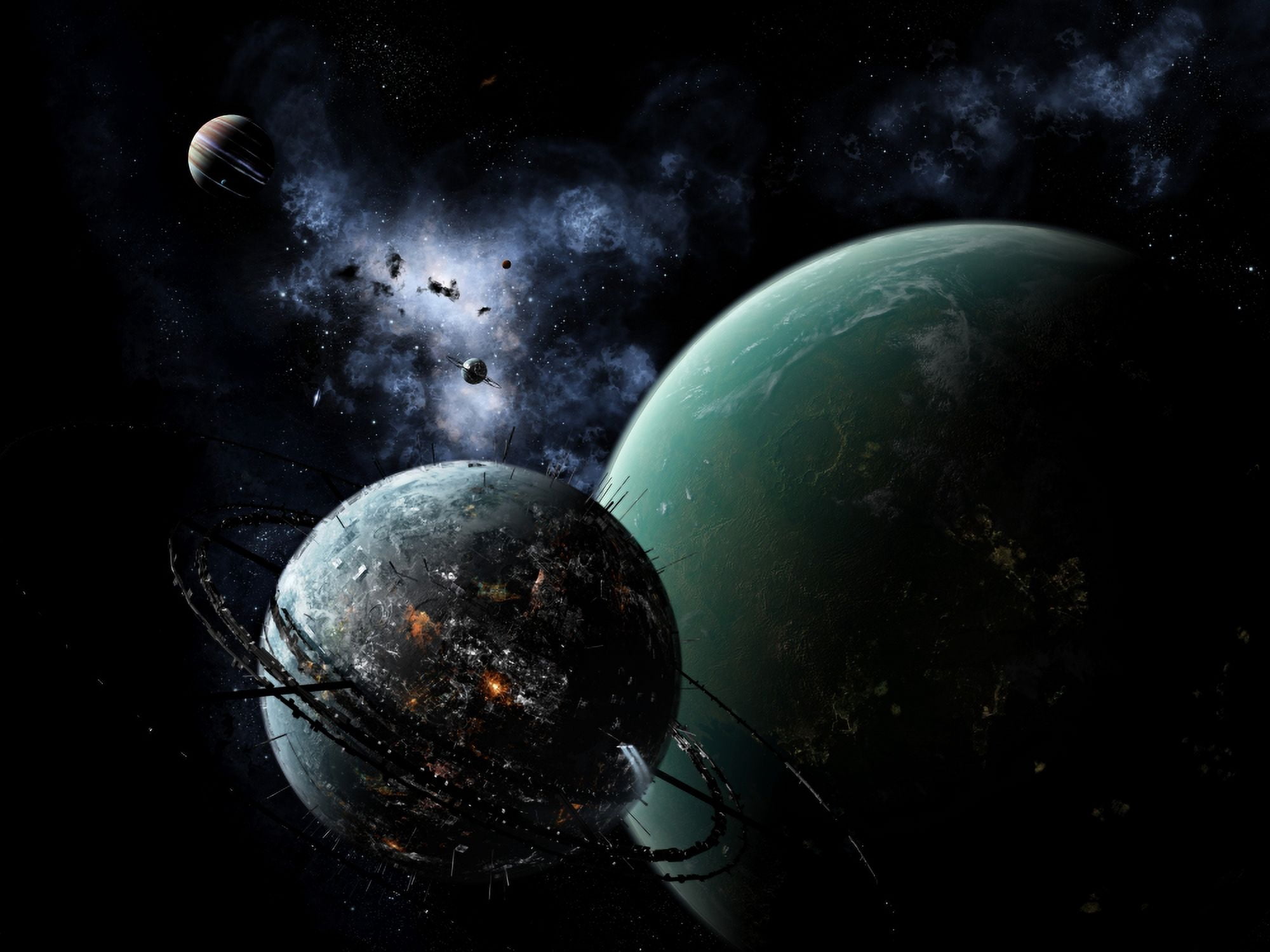 A massive space station orbits a large habitable moon Canvas Art - Brian ChristensenStocktrek Images (33 x 25)
