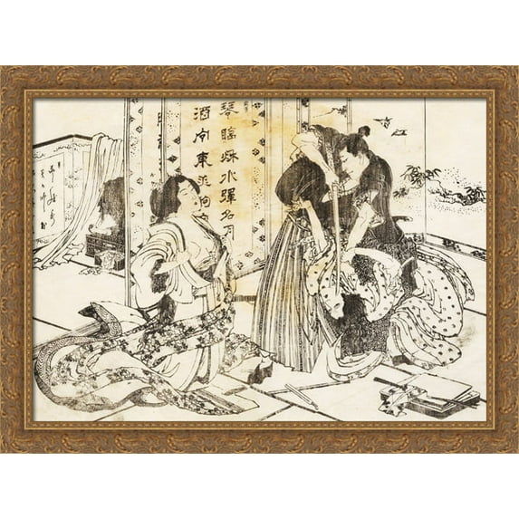 A mean man will kill a woman with his sword 38x28 Large Gold Ornate Wood Framed Canvas Art by Katsushika Hokusai